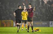 16 February 2024; Patrick Hickey of Galway United remonstrates with referee Eoghan O'Shea during the SSE Airtricity Men's Premier Division match between Galway United and St Patrick's Athletic at Eamonn Deacy Park in Galway. Photo by Seb Daly/Sportsfile