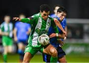 16 February 2024; Evan Osam of Bray Wanderers in action against Michael McCullagh of UCD during the SSE Airtricity Men's First Division match between Bray Wanderers and UCD at Carlisle Grounds in Bray, Wicklow. Photo by Tyler Miller/Sportsfile