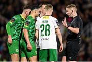 16 February 2024; Referee Daniel Murphy speaks to players during the SSE Airtricity Men's First Division match between Cork City and Kerry FC at Turner's Cross in Cork. Photo by Brendan Moran/Sportsfile