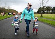 17 February 2024; Lisa Ryan with her sons James, age 5, left, and Luke, age 2, during the Operation Transformation 5K at Phoenix Park in Dublin. Photo by David Fitzgerald/Sportsfile