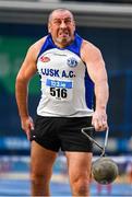 17 February 2024; Stephen Fee of Lusk AC, Dublin, competing in the senior men's weight for distance 56lbs during day one of the 123.ie National Senior Indoor Championships at the Sport Ireland National Indoor Arena in Dublin. Photo by Tyler Miller/Sportsfile