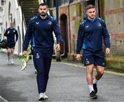 17 February 2024; Max Deegan and Scott Penny of Leinster arrive before during the United Rugby Championship match between Leinster and Benetton at the RDS Arena in Dublin. Photo by Harry Murphy/Sportsfile
