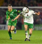 16 February 2024; Charlie Lyons of Cork City in action against Ryan Kelliher of Kerry FC during the SSE Airtricity Men's First Division match between Cork City and Kerry FC at Turner's Cross in Cork. Photo by Brendan Moran/Sportsfile