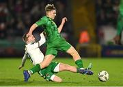 16 February 2024; Ronan Teahan of Kerry FC is tackled by Jack Doherty of Cork City during the SSE Airtricity Men's First Division match between Cork City and Kerry FC at Turner's Cross in Cork. Photo by Brendan Moran/Sportsfile
