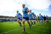 17 February 2024; Leinster captain Scott Penny leads the team before the United Rugby Championship match between Leinster and Benetton at the RDS Arena in Dublin. Photo by Harry Murphy/Sportsfile