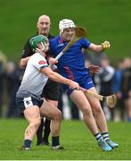 17 February 2024; Devon Ryan of MICL is tackled by Brian O'Sullivan of University of Limerick during the Electric Ireland Higher Education GAA Fitzgibbon Cup final match between University of Limerick and Mary Immaculate College at Tom Healy Park in Abbeydorney, Kerry. Photo by Brendan Moran/Sportsfile