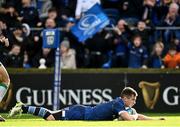 17 February 2024; Luke McGrath of Leinster dives over to score his side's second try during the United Rugby Championship match between Leinster and Benetton at the RDS Arena in Dublin. Photo by Harry Murphy/Sportsfile