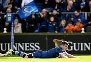 17 February 2024; Luke McGrath of Leinster dives over to score his side's second try during the United Rugby Championship match between Leinster and Benetton at the RDS Arena in Dublin. Photo by Harry Murphy/Sportsfile