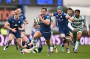 17 February 2024; Liam Turner of Leinster makes a break on his way to scoring his side's third try during the United Rugby Championship match between Leinster and Benetton at the RDS Arena in Dublin. Photo by Ben McShane/Sportsfile