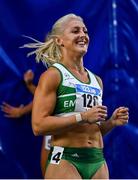 17 February 2024; Sarah Lavin of Emerald AC, Limerick, celebrates after finishing first in the senior women's 60m hurdles finals during day one of the 123.ie National Senior Indoor Championships at the Sport Ireland National Indoor Arena in Dublin. Photo by Tyler Miller/Sportsfile