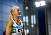 17 February 2024; Sarah Lavin of Emerald AC, Limerick, celebrates after finishing first in the senior women's 60m hurdles finals during day one of the 123.ie National Senior Indoor Championships at the Sport Ireland National Indoor Arena in Dublin. Photo by Tyler Miller/Sportsfile