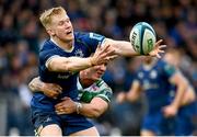 17 February 2024; Jamie Osborne of Leinster is tackled by Marco Zanon of Benetton during the United Rugby Championship match between Leinster and Benetton at the RDS Arena in Dublin. Photo by Harry Murphy/Sportsfile