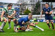 17 February 2024; Ben Murphy of Leinster on his way to scoring his side's fifth try during the United Rugby Championship match between Leinster and Benetton at the RDS Arena in Dublin. Photo by Harry Murphy/Sportsfile