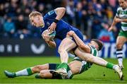 17 February 2024; Jamie Osborne of Leinster is tackled by Leonardo Marin of Benetton during the United Rugby Championship match between Leinster and Benetton at the RDS Arena in Dublin. Photo by Harry Murphy/Sportsfile