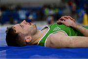 17 February 2024; David Cussen of Old Abbey AC, Cork, reacts while competing in the senior men's high jump during day one of the 123.ie National Senior Indoor Championships at the Sport Ireland National Indoor Arena in Dublin. Photo by Tyler Miller/Sportsfile