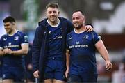 17 February 2024; Lee Barron, left, and Ed Byrne of Leinster after the United Rugby Championship match between Leinster and Benetton at the RDS Arena in Dublin. Photo by Ben McShane/Sportsfile