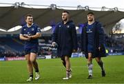 17 February 2024; Leinster players, from left, John McKee, Will Connors and Thomas Clarkson after the United Rugby Championship match between Leinster and Benetton at the RDS Arena in Dublin. Photo by Ben McShane/Sportsfile