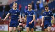 17 February 2024; Leinster players, from left, Jamie Osborne, Sam Prendergast and Rob Russell after the United Rugby Championship match between Leinster and Benetton at the RDS Arena in Dublin. Photo by Ben McShane/Sportsfile