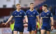 17 February 2024; Leinster players, from left, Jamie Osborne, Sam Prendergast and Rob Russell after the United Rugby Championship match between Leinster and Benetton at the RDS Arena in Dublin. Photo by Ben McShane/Sportsfile