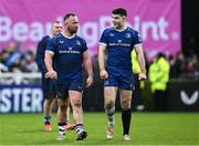 17 February 2024; Ed Byrne, left, and Ben Brownlee of Leinster after the United Rugby Championship match between Leinster and Benetton at the RDS Arena in Dublin. Photo by Ben McShane/Sportsfile