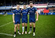 17 February 2024; Leinster players from Wanderers FC, from left, Rob Russell, Ben Brownlee and Max Deegan the United Rugby Championship match between Leinster and Benetton at the RDS Arena in Dublin. Photo by Harry Murphy/Sportsfile
