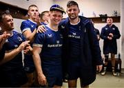 17 February 2024; Henry McErlean of Leinster is presented with his first Leinster cap by teammate Ross Byrne after their side's victory in the United Rugby Championship match between Leinster and Benetton at the RDS Arena in Dublin. Photo by Harry Murphy/Sportsfile