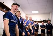 17 February 2024; Henry McErlean of Leinster sings in the dressing room after making his debut in the United Rugby Championship match between Leinster and Benetton at the RDS Arena in Dublin. Photo by Harry Murphy/Sportsfile