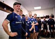 17 February 2024; Henry McErlean of Leinster sings in the dressing room after making his debut in the United Rugby Championship match between Leinster and Benetton at the RDS Arena in Dublin. Photo by Harry Murphy/Sportsfile