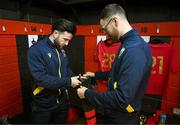 17 February 2024; Dean George, right, and Adam Wixted of Longford Town prepare their socks before the SSE Airtricity Men's First Division match between Longford Town and Finn Harps at Bishopsgate in Longford. Photo by Stephen McCarthy/Sportsfile