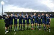 17 February 2024; Leinster players from St Michael’s College, from left, Fintan Gunne, Max Deegan, Ross Byrne, Lee Barron, Luke McGrath, Henry McErlean, Jack Boyle, Jason Jenkins, Scott Penny, Ross Molony and Rob Russell after their side's victory in the United Rugby Championship match between Leinster and Benetton at the RDS Arena in Dublin. Photo by Harry Murphy/Sportsfile