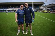 17 February 2024; Leinster players from Clongowes Wood College Ed Byrne and Will Connors after their side's victory in the United Rugby Championship match between Leinster and Benetton at the RDS Arena in Dublin. Photo by Harry Murphy/Sportsfile