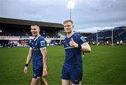 17 February 2024; Jamie Osborne, right, and Sam Prendergast of Leinster after their side's victory in the United Rugby Championship match between Leinster and Benetton at the RDS Arena in Dublin. Photo by Harry Murphy/Sportsfile