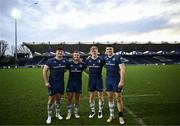 17 February 2024; Leinster players from Blackrock College, from left, Thomas Clarkson, Liam Turner, Tommy O'Brien and Ben Brownlee after their side's victory in the United Rugby Championship match between Leinster and Benetton at the RDS Arena in Dublin. Photo by Harry Murphy/Sportsfile