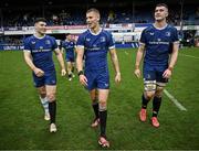 17 February 2024; Leinster players, from left, Ben Brownlee, Sam Prendergast and Brian Deeny after their side's victory in the United Rugby Championship match between Leinster and Benetton at the RDS Arena in Dublin. Photo by Harry Murphy/Sportsfile