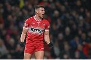 17 February 2024; Conor Doherty of Derry celebrates after scoring his side's third goal during the Allianz Football League Division 1 match between Derry and Monaghan at Celtic Park in Derry. Photo by Ramsey Cardy/Sportsfile