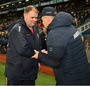17 February 2024; The two managers, Roscommon manager Davy Burke, left, and Dublin manager Dessie Farrell, shake hands after the Allianz Football League Division 1 match between Dublin and Roscommon at Croke Park in Dublin. Photo by Ray McManus/Sportsfile