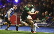 16 February 2024; Cathal Forde of Connacht is tackled by Owen Lane of Cardiff during the United Rugby Championship match between Cardiff and Connacht at Cardiff Arms Park in Cardiff, Wales. Photo by Gareth Everett/Sportsfile