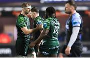 16 February 2024; Niall Murray, left, Sam Illo of Connacht congratulate each other after the United Rugby Championship match between Cardiff and Connacht at Cardiff Arms Park in Cardiff, Wales. Photo by Gareth Everett/Sportsfile