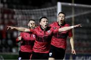 17 February 2024; Chris Lyons of Longford Town celebrates after scoring his side's first goal during the SSE Airtricity Men's First Division match between Longford Town and Finn Harps at Bishopsgate in Longford. Photo by Stephen McCarthy/Sportsfile