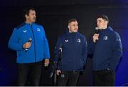 17 February 2024; MC Mike McCarthy, left, interviews Leinster players Jordan Larmour, centre, and Cormac Foley before the United Rugby Championship match between Leinster and Benetton at RDS Arena in Dublin. Photo by Seb Daly/Sportsfile
