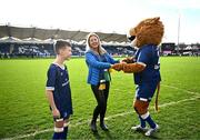17 February 2024; Matchday mascot Eoin Sheridan with Leo the Lion before the United Rugby Championship match between Leinster and Benetton at RDS Arena in Dublin. Photo by Harry Murphy/Sportsfile