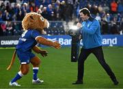 17 February 2024; MC Mike McCarthy and Leo the Lion before the United Rugby Championship match between Leinster and Benetton at RDS Arena in Dublin. Photo by Harry Murphy/Sportsfile