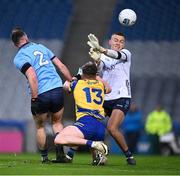 17 February 2024; Séan MacMahon and Dublin goalkeeper David O'Hanlon watch as Dáire Cregg of Roscommon's 'shot' heads to the back of the net, only for the goal to be disallowed during the Allianz Football League Division 1 match between Dublin and Roscommon at Croke Park in Dublin. Photo by Ray McManus/Sportsfile