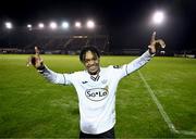 17 February 2024; Mark Mbuli of Finn Harps who scored his side's winning goal celebrates after the SSE Airtricity Men's First Division match between Longford Town and Finn Harps at Bishopsgate in Longford. Photo by Stephen McCarthy/Sportsfile