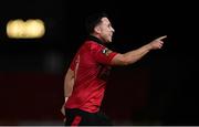 17 February 2024; Chris Lyons of Longford Town celebrates after scoring his, and his side's, second goal during the SSE Airtricity Men's First Division match between Longford Town and Finn Harps at Bishopsgate in Longford. Photo by Stephen McCarthy/Sportsfile