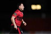 17 February 2024; Chris Lyons of Longford Town celebrates after scoring his, and his side's, second goal during the SSE Airtricity Men's First Division match between Longford Town and Finn Harps at Bishopsgate in Longford. Photo by Stephen McCarthy/Sportsfile