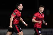 17 February 2024; Chris Lyons of Longford Town celebrates after scoring his, and his side's, second goal during the SSE Airtricity Men's First Division match between Longford Town and Finn Harps at Bishopsgate in Longford. Photo by Stephen McCarthy/Sportsfile