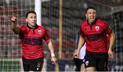 17 February 2024; Chris Lyons of Longford Town celebrates after scoring his side's first goal during the SSE Airtricity Men's First Division match between Longford Town and Finn Harps at Bishopsgate in Longford. Photo by Stephen McCarthy/Sportsfile