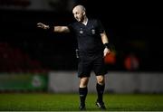 17 February 2024; Referee Daryl Carolan during the SSE Airtricity Men's First Division match between Longford Town and Finn Harps at Bishopsgate in Longford. Photo by Stephen McCarthy/Sportsfile