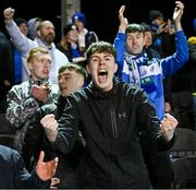17 February 2024; Finn Harps supporters celebrate after the SSE Airtricity Men's First Division match between Longford Town and Finn Harps at Bishopsgate in Longford. Photo by Stephen McCarthy/Sportsfile